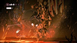 Hornet faces a boss enemy against a fiery level backdrop