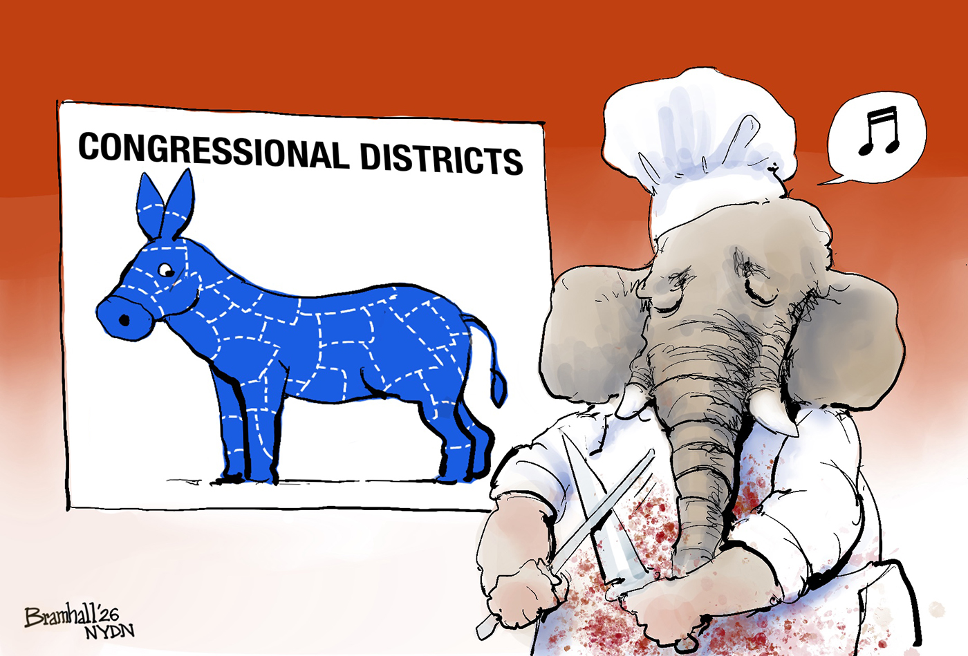 In this cartoon, an elephant with a bloody butcher&amp;rsquo;s apron whistles as he sharpens his knife. He is next to a sign labeled &amp;ldquo;Congressional Districts&amp;rdquo; that pictures a scared-looking donkey that has dotted lines on his body to mark where he&amp;rsquo;ll be cut up.