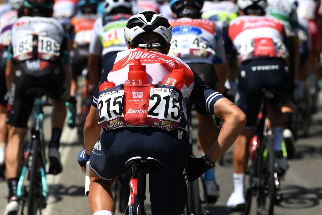 Trek-Segafredo rider brining water bottles to his teammates on stage 12 at the Vuelta a Espana