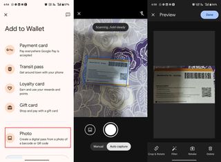 Google Wallet screenshot showing adding pass by photo method