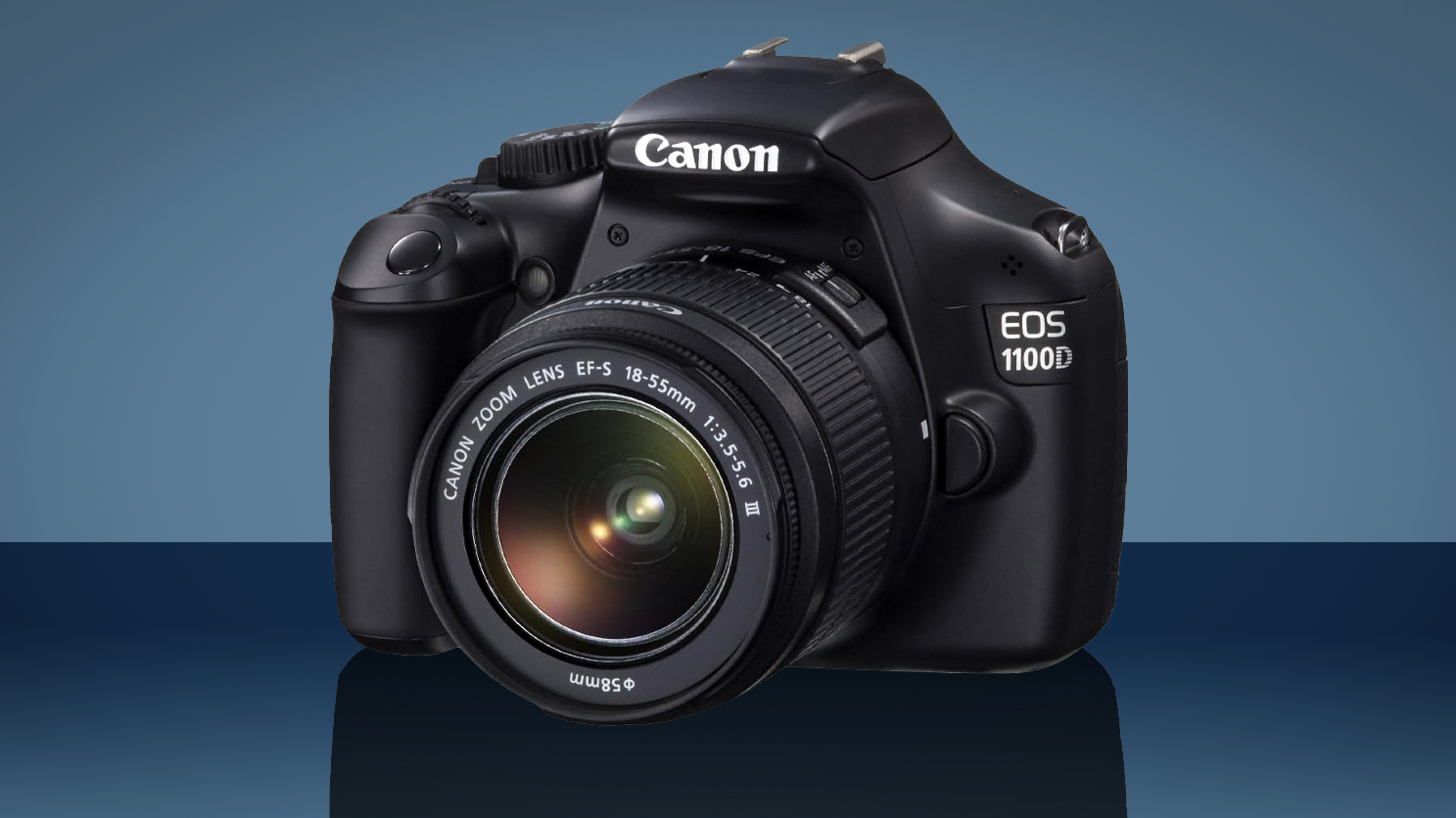 Canon EOS 1100D against a blue background