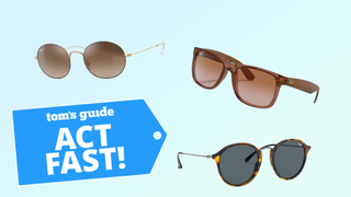 Silos of aviator, navigator and oval/round-shaped sunglasses on blue background with Act Fast badge
