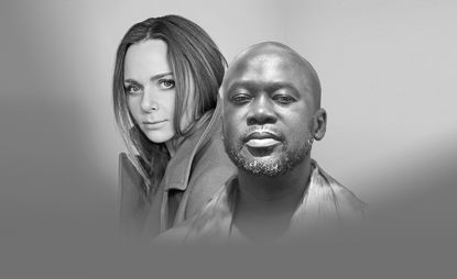 Black and white portrait images of Stella McCartney and Sir David Adjay, against a grey background