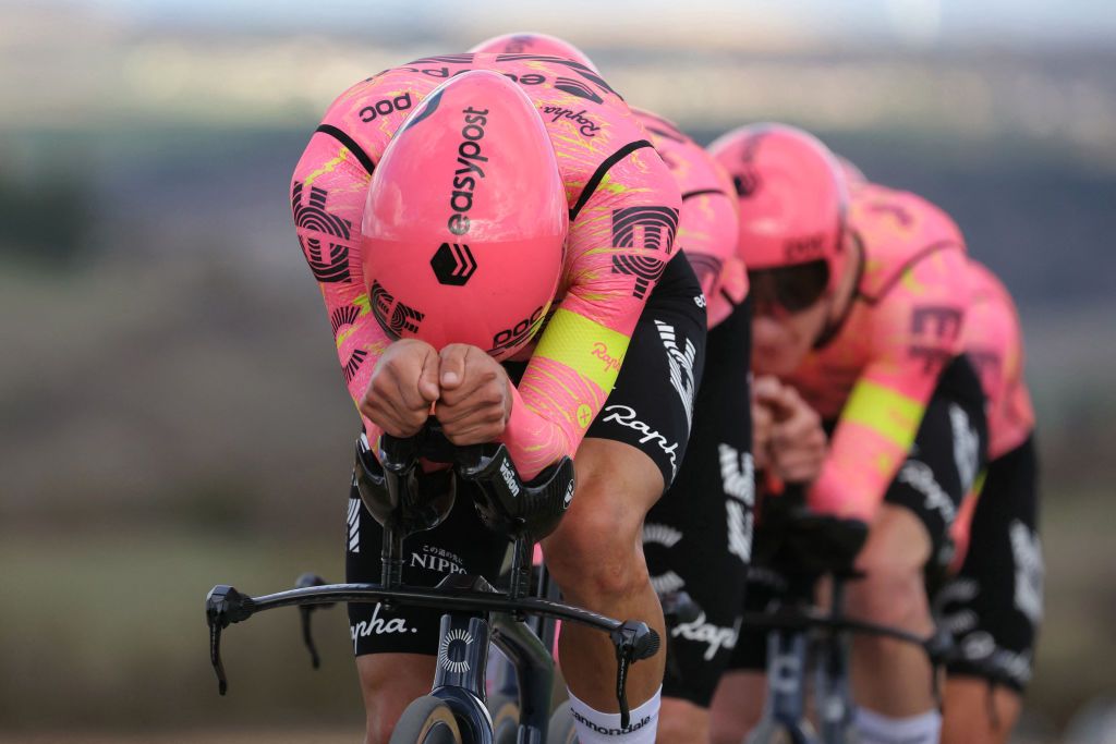 EF Education-Easypost's team competes during the 3rd stage of the Paris-Nice cycling race, 26,9 km team time trial between Auxerre and Auxerre, on March 5, 2024. (Photo by Thomas SAMSON / AFP)