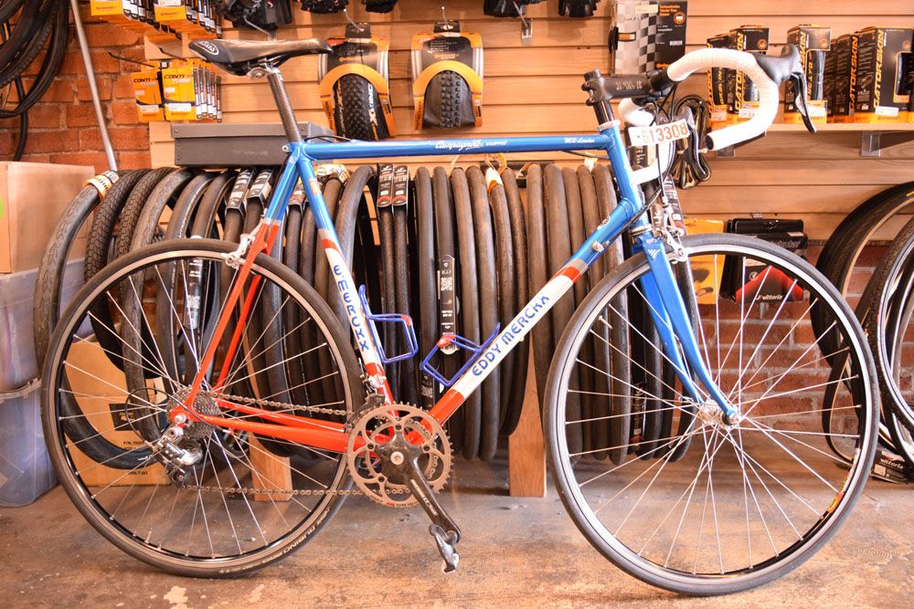 An Eddy Merckx frame in custom Motorola team colours with some newer parts added to complete the bike