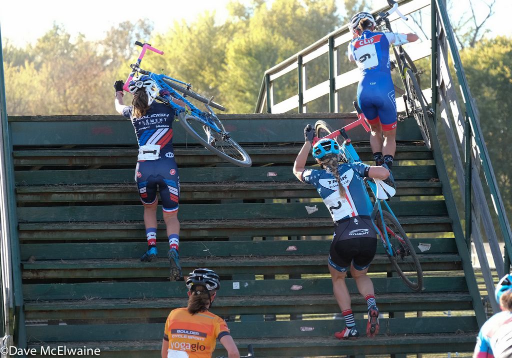 Katerina Nash (Cliff Bar Pro Team) leads Caroline Mani, Katie Compton, and Amanda Miller up the flyover steps