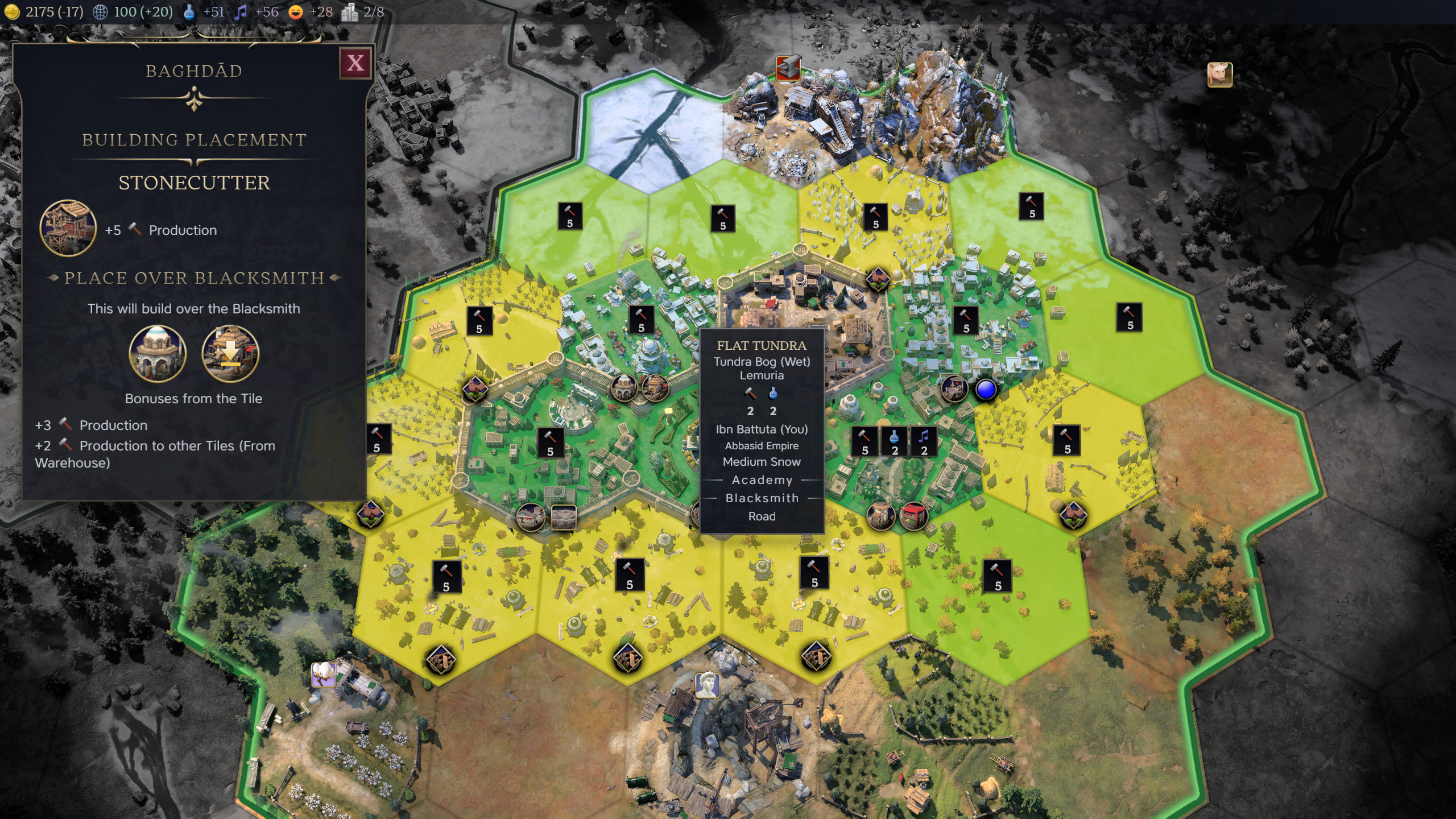 The building placement screen in Civilization 7.