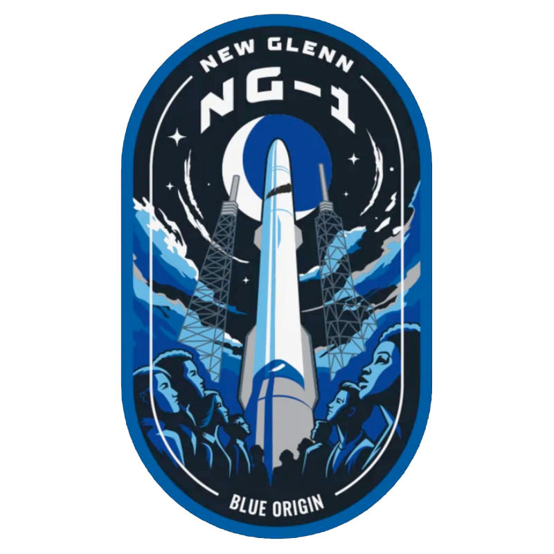 an oval black, white and blue emblem depicting a rocket set against the night sky and moon with a group of people at its base.