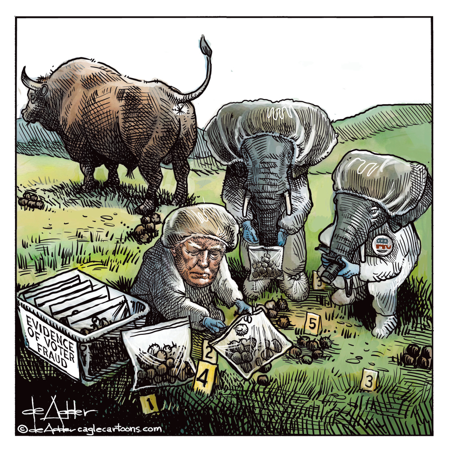 Donald Trump is in a field with two elephants and a bull. Trump and the elephants are dressed in biohazard suits and picking up pieces of bullshit that Trump puts into a bag and drops into a box labeled &amp;ldquo;Evidence of Voter Fraud.&amp;rdquo;
