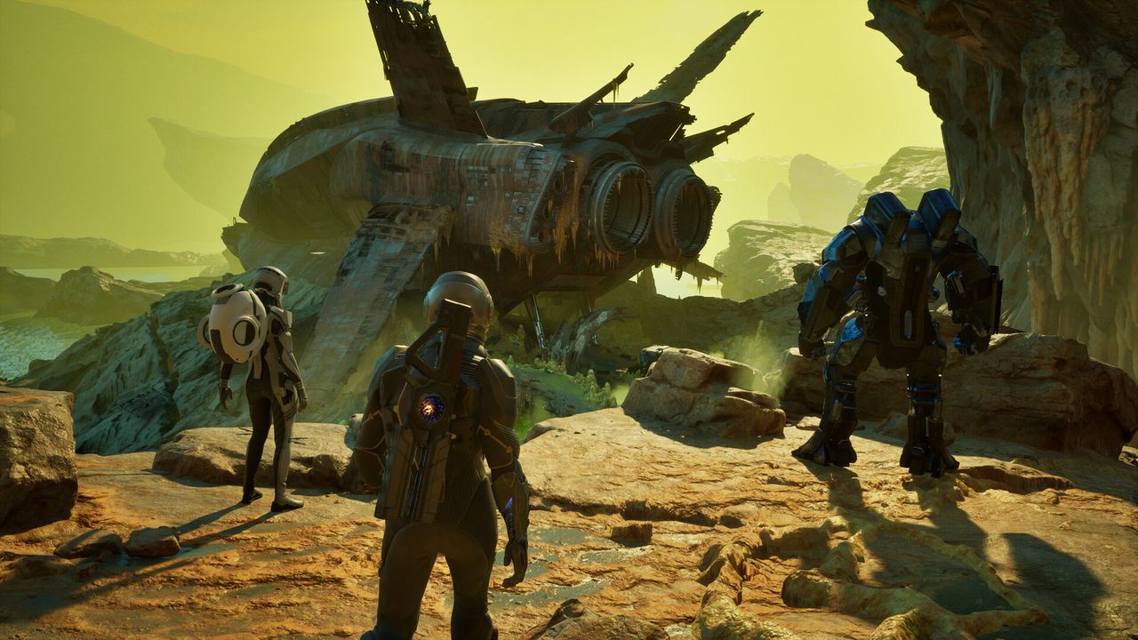 Jun and two companions look out over the vista of a volcanic world where a ship covered in dirt can be seen