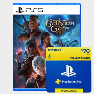 Baldur's Gate 3 PS5 box and a gift card on a plain background