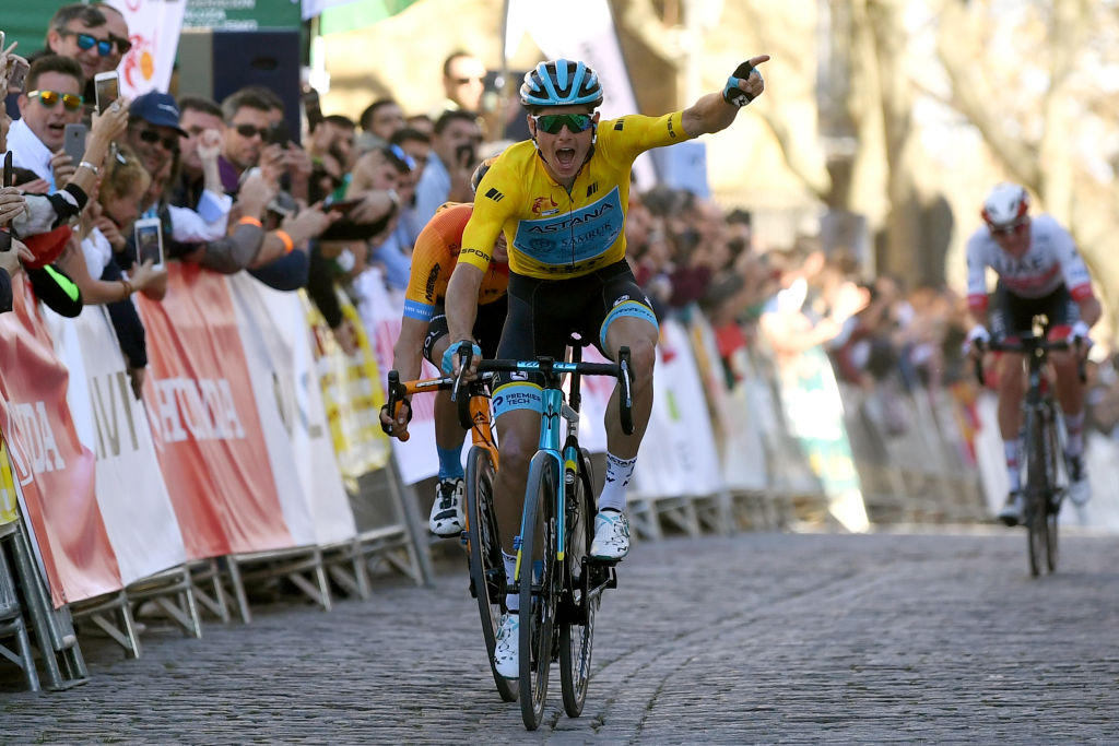BEDA SPAIN FEBRUARY 21 Arrival Jakob Fuglsang of Denmark and Astana Pro Team Yellow Leader Jersey Celebration Pello Bilbao of Spain Team Bahrain McLaren Brandon Mcnulty of The United States and UAETeam Emirates during the 66th Vuelta a Andaluca Ruta del Sol 2020 Stage 3 a 1769km stage from Jan to beda 727m VCANDALUCIA UCIProSeries on February 21 2020 in beda Spain Photo by David RamosGetty Images