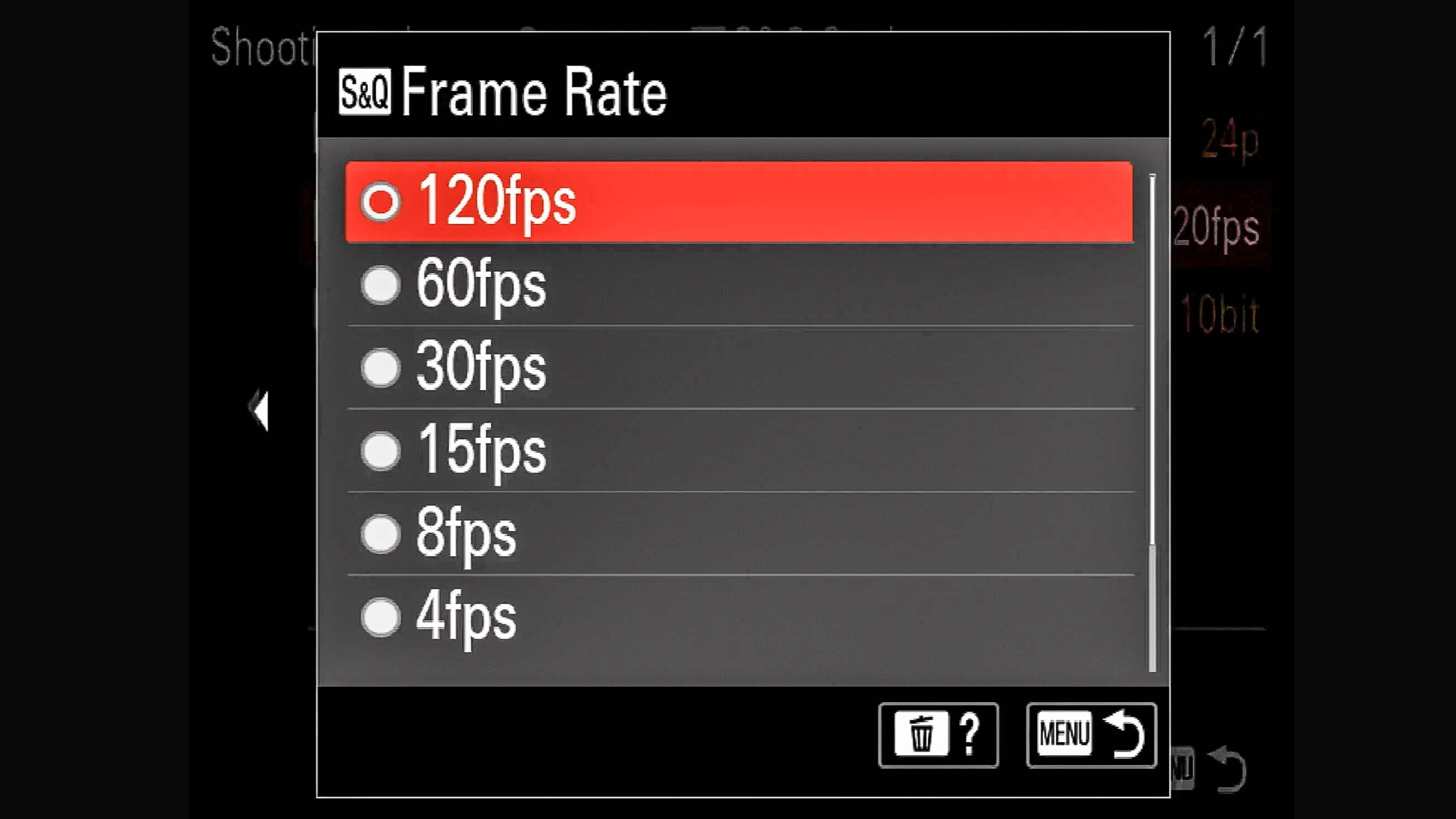Video frame rate options on a Sony A1