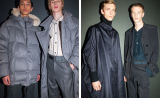 Two images of two male models in each modelling boss clothing in shades of blue.