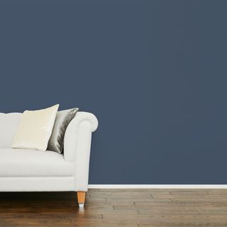 living area with white sofa and wooden floor blue wall
