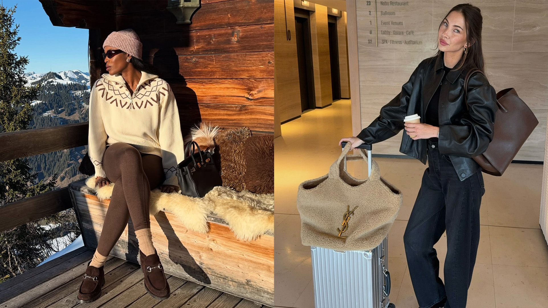 Influencers wearing winter travel outfits.