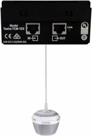 The Biamp Tesira TCM-1EX Beamtracking Microphone with PoE is an AVB ceiling mic comprised of a pendant microphone and plenum box. Each microphone includes beamtracking technology with three 120-degree zones, providing full 360-degree coverage of the meeting space.