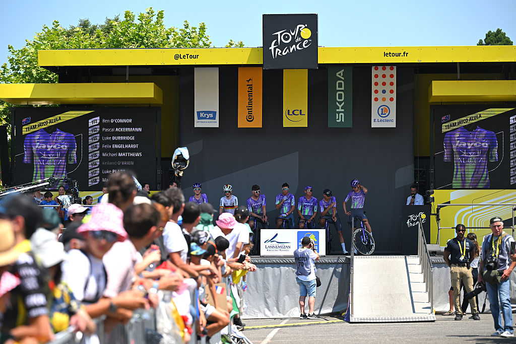 LANNEMEZAN, FRANCE - JULY 08: Ben O&amp;amp;apos;Connor of Australia, Pascal Ackermann of Germany, Luke Durbridge of Australia, Felix Engelhardt of Germany, Michael Matthews of Australia, Kelland O&amp;amp;apos;Brien of Australia, Luke Plapp of Australia, Mauro Schmid of Switzerland and Team Jayco AlUla prior to the 113th Tour de France 2026, Stage 5 a 158.3km stage from Lannemezan to Pau / #UCIWT / on July 08, 2026 in Lannemezan, France. (Photo by Tim de Waele/Getty Images)