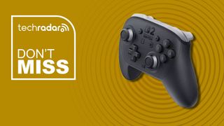 The Nintendo Switch 2 Pro Controller on a yellow background with white don't miss text