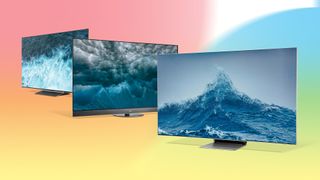 Three of the best TVs with ocean waves on-screen, all on a colourful background