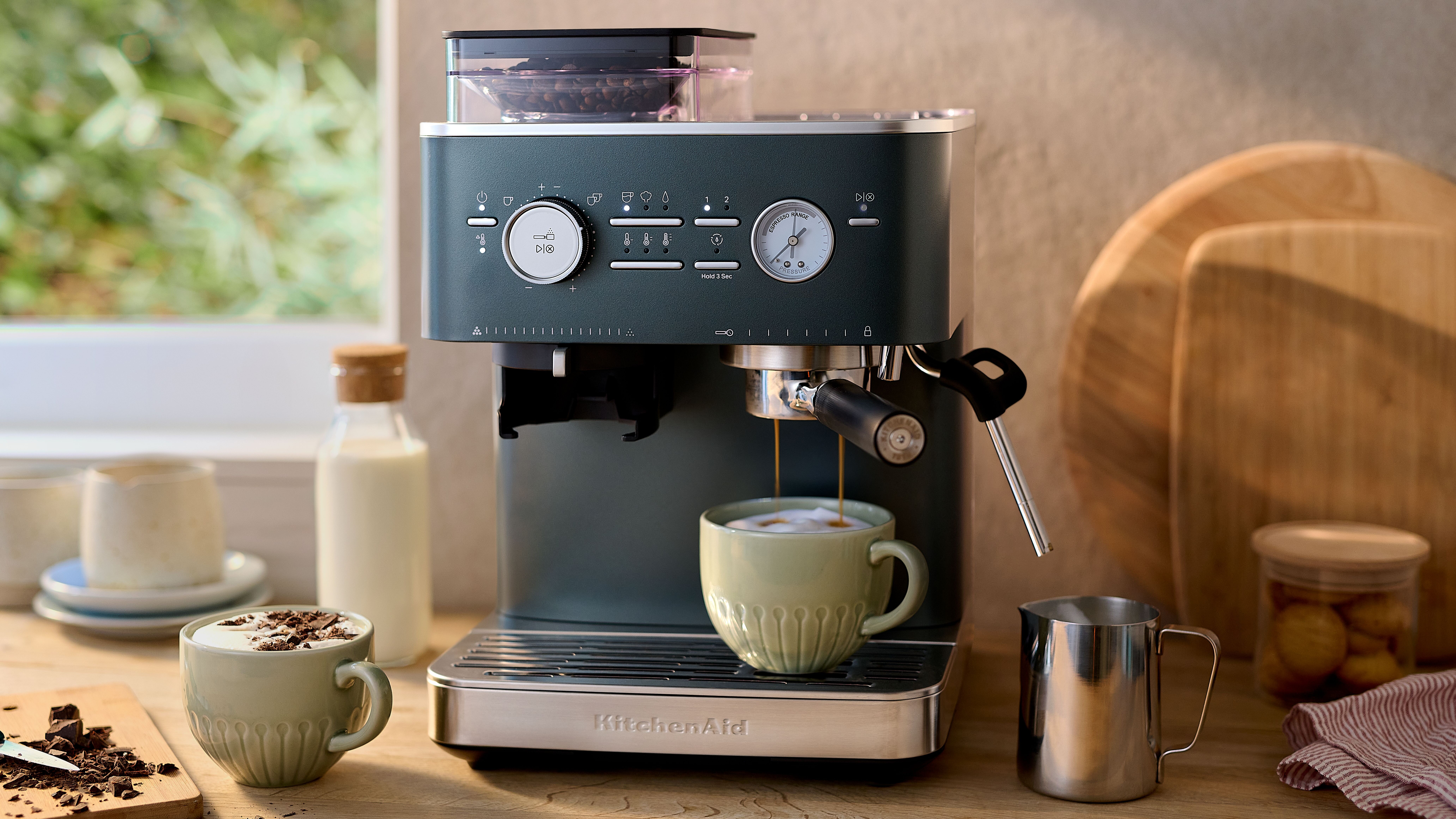 KitchenAid Semi Automatic Espresso Machine in Juniper green on kitchen counter