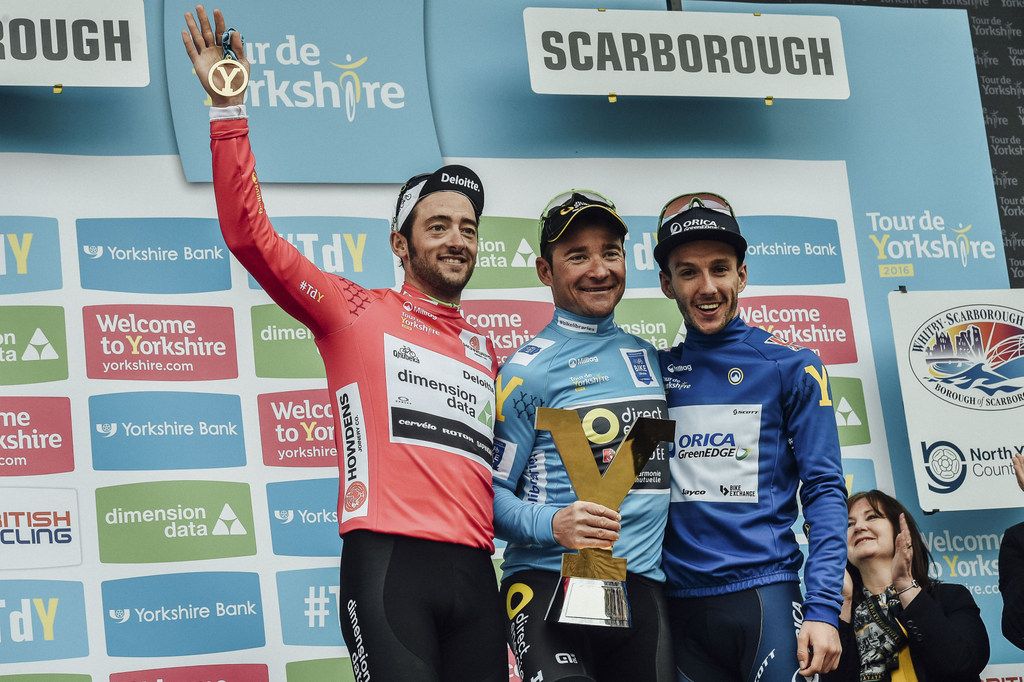 Nathan Haas, Thomas Voeckler and Adam Yates on the podium as jersey winners