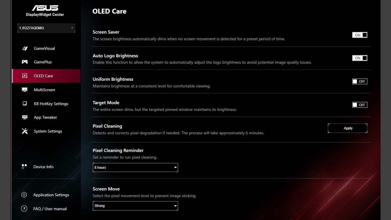 DisplayWidget Center OLED Care menu.