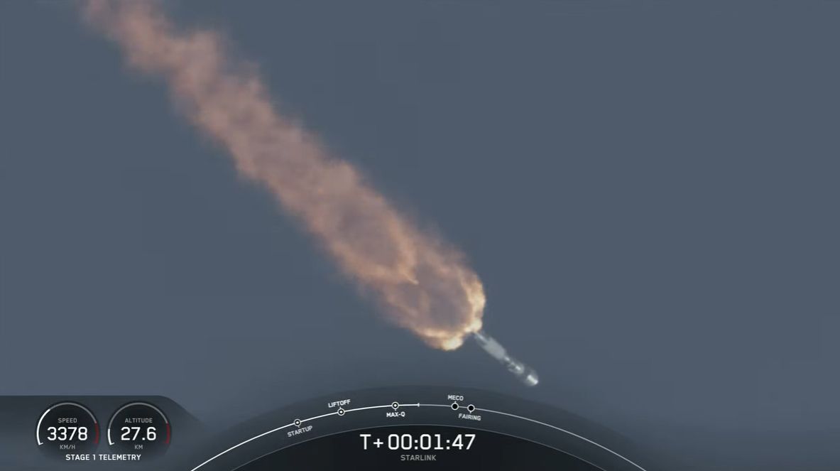 A SpaceX Falcon 9 rocket launches 46 Starlink internet satellites to orbit on the Starlink 4-8 mission from SLC-40 at Cape Canaveral Space Force Base in Florida on Feb. 21, 2022.