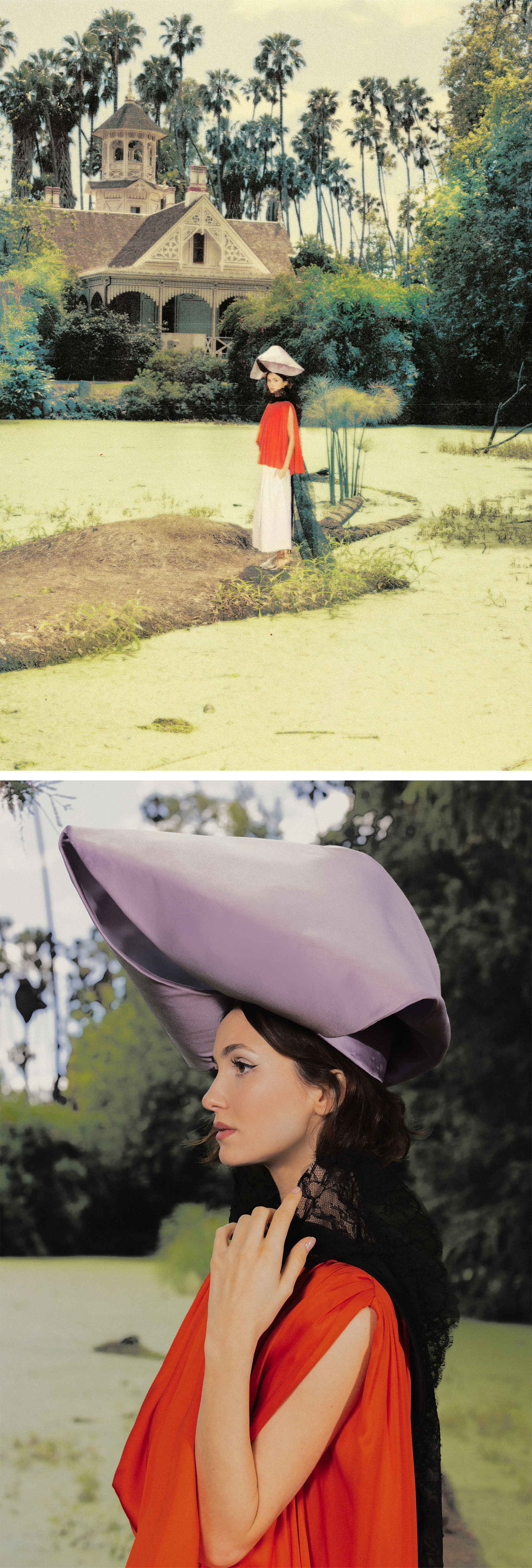Maude Apatow photographed by Dana Trippe for Who What Wear wearing Dior spring/summer 2026 outfit standing next to a green pond.