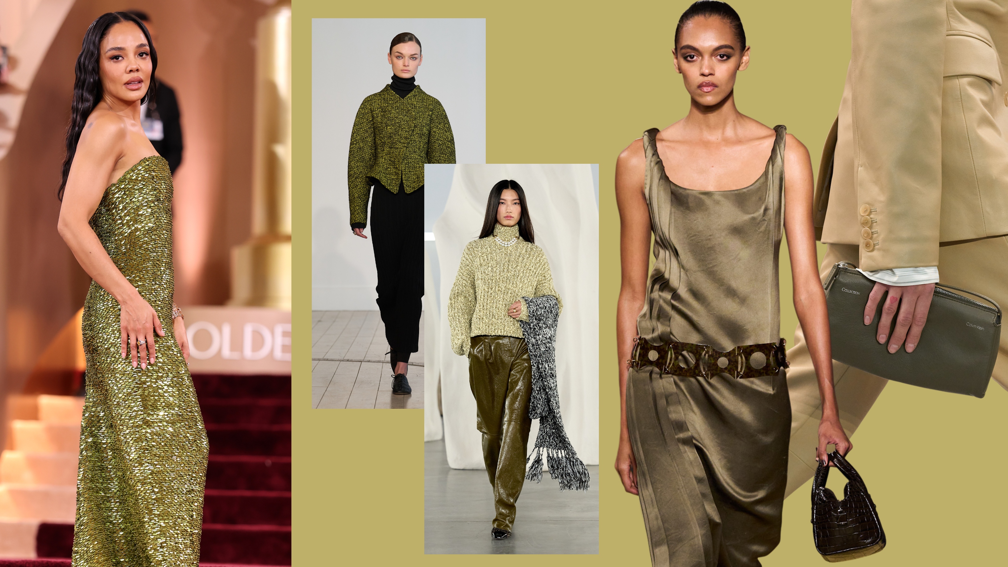 collage of tessa thompson 2026 golden globes dress, fall 2026 runway images from tory burch, ashlyn, ulla johnson, and calvin klein
