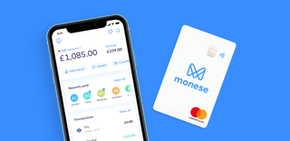 the monese app and a monese card on a blue background