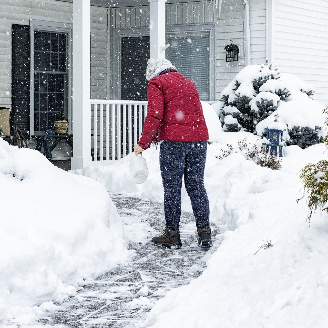 A senior adult woman is sprinkling/spreading de-icing salt crystals on her home's front walkway to melt the slippery ice and snow.