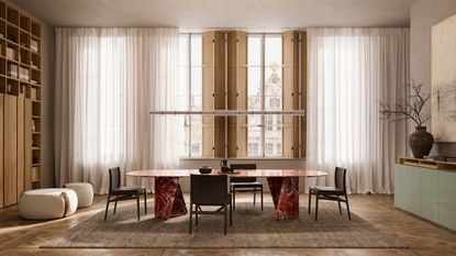 Red and white marble look dining table in a neutral scheme