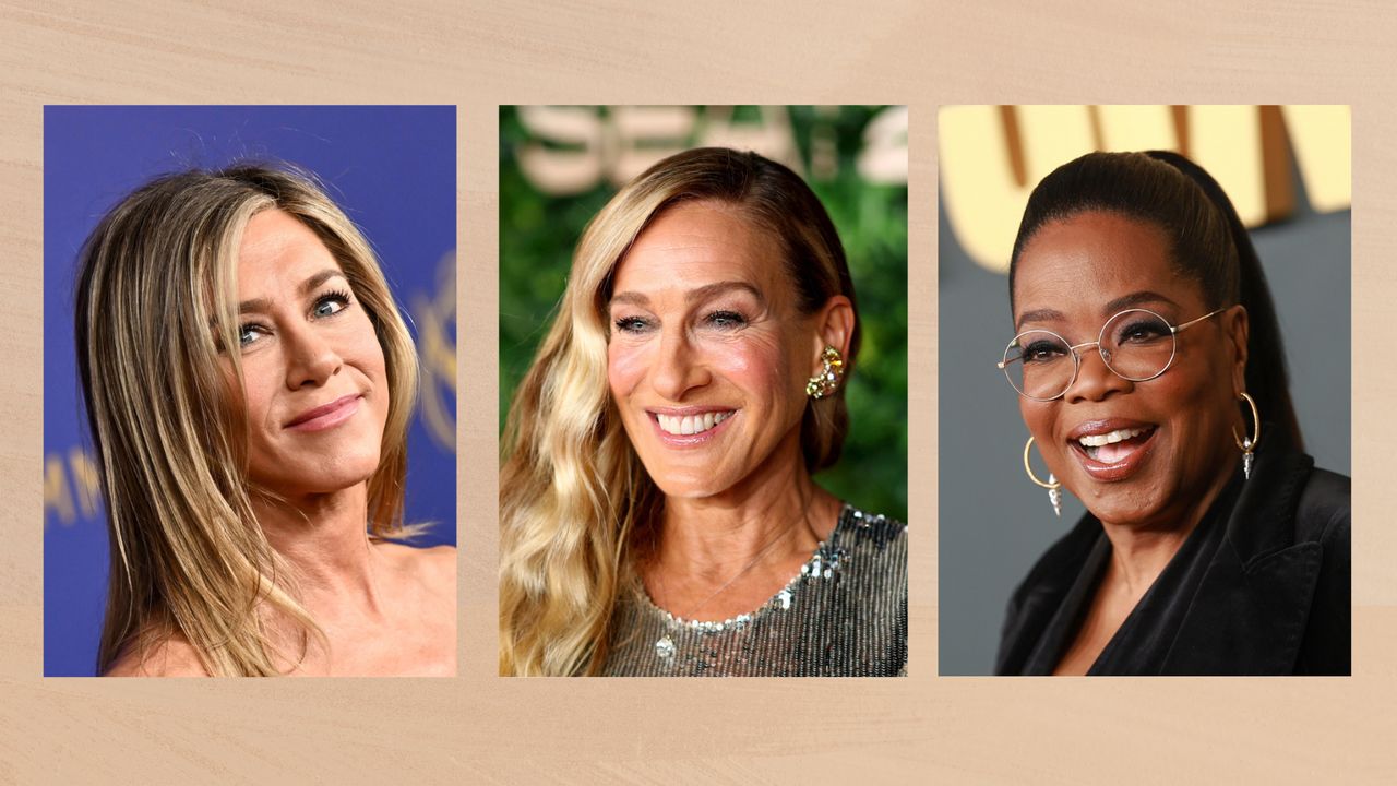 Collage of three vertical images showing (left to right) Jennifer Aniston, Sarah Jessica Parker and Oprah Winfrey, set against a beige watercolour-style background