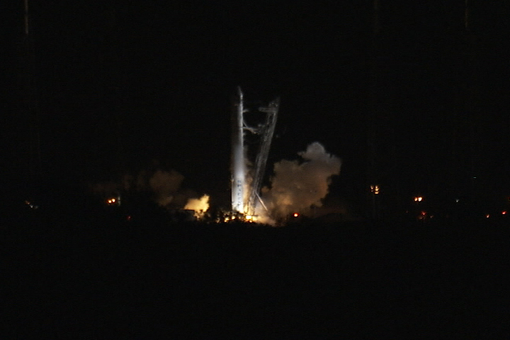 SpaceX&#039;s first Falcon 9 rocket launching toward the International Space Station ignites its nine main engines briefly in this NASA photo shortly before aborting the launch try on May 19, 2012 due to an unexpected engine sensor reading.