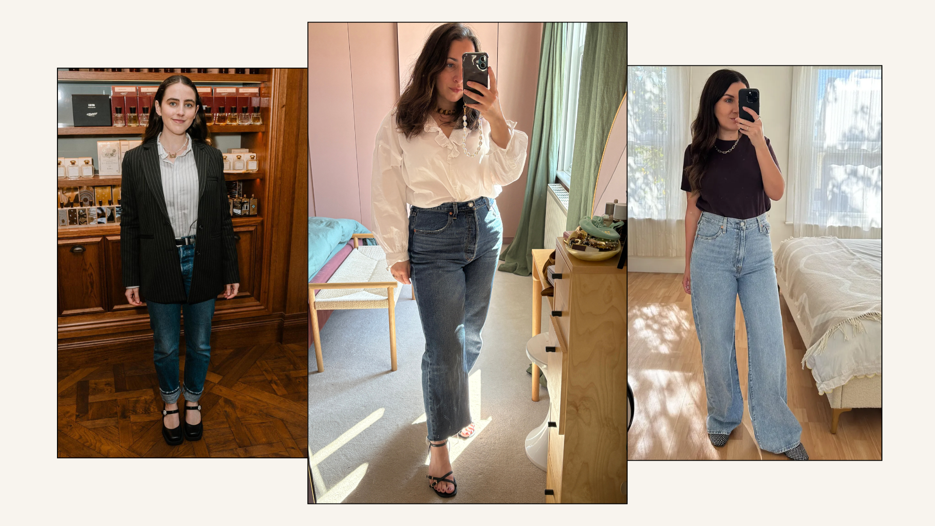 An image of Who What Wear UK's editorial team trying on and reviewing the best Levi's jeans.