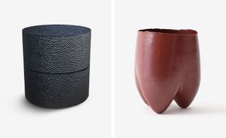 A black cylinder object. Right: A burgundy vase.