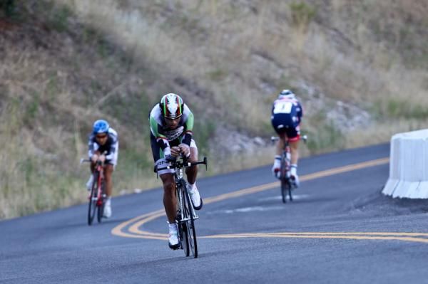 Riders coming and going along the route.