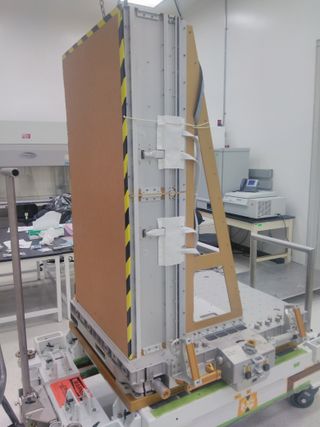 The NASA Space Debris Sensor (seen edge-on) before vibration testing.