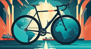 An AI generated image of a bicycle with ships and globes