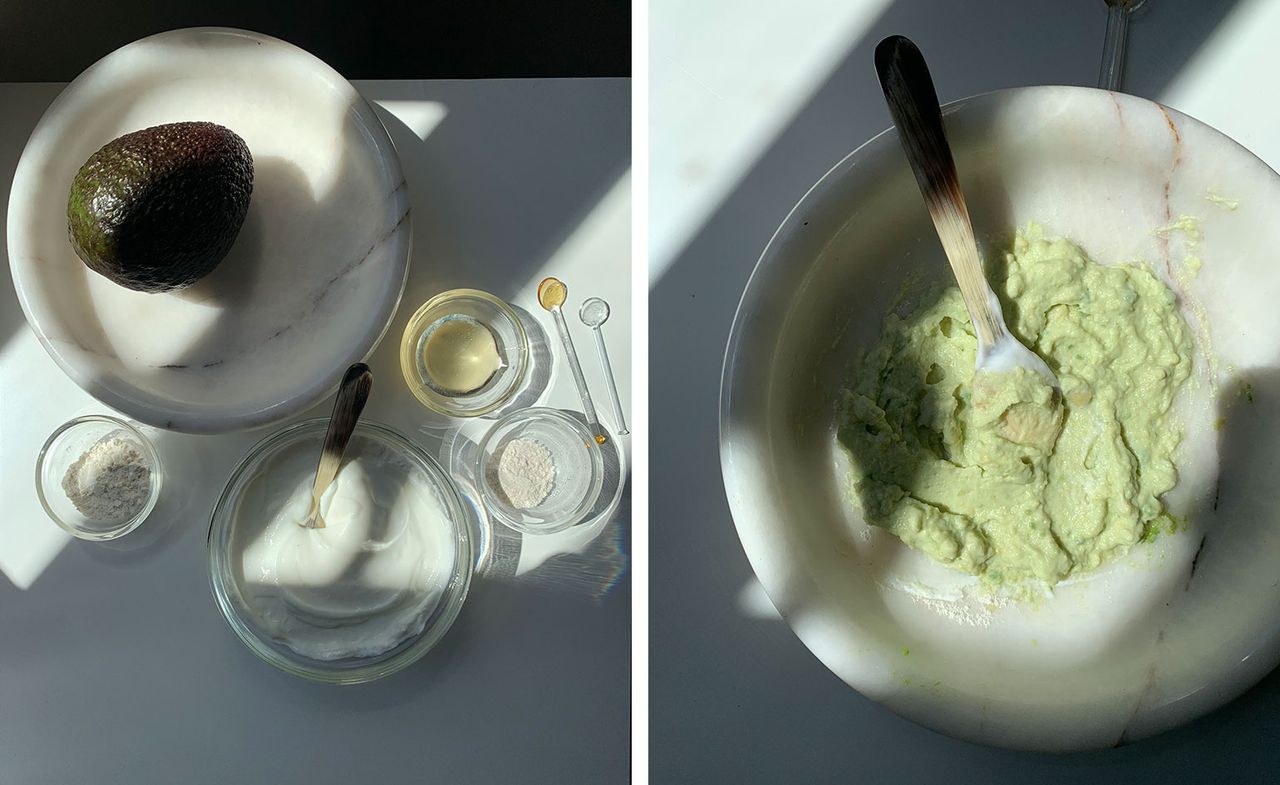 guy morgan&#039;s avocado face mask ingredients including avocado and yogurt in white bowls and mashed avocado in marble bowl