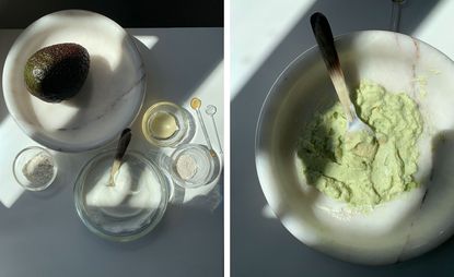 guy morgan's avocado face mask ingredients including avocado and yogurt in white bowls and mashed avocado in marble bowl