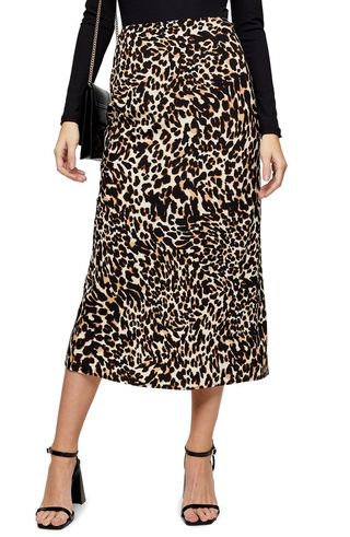 Leopard Print Bias Satin Midi Skirt
