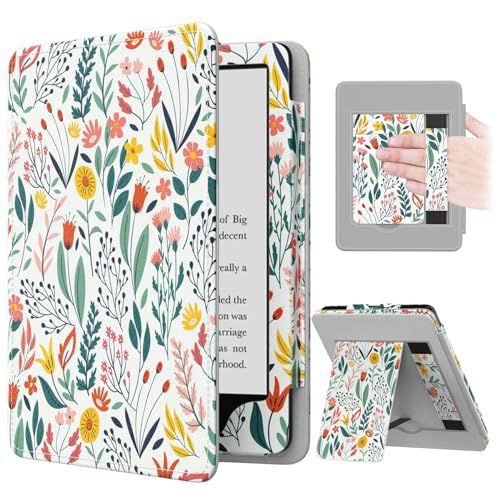 Floral, slim PU shell Kindle cover with hand strap and stand