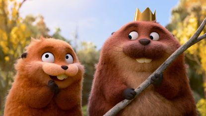 Mabel looking up and King George looking at her while holding a stick in Hoppers