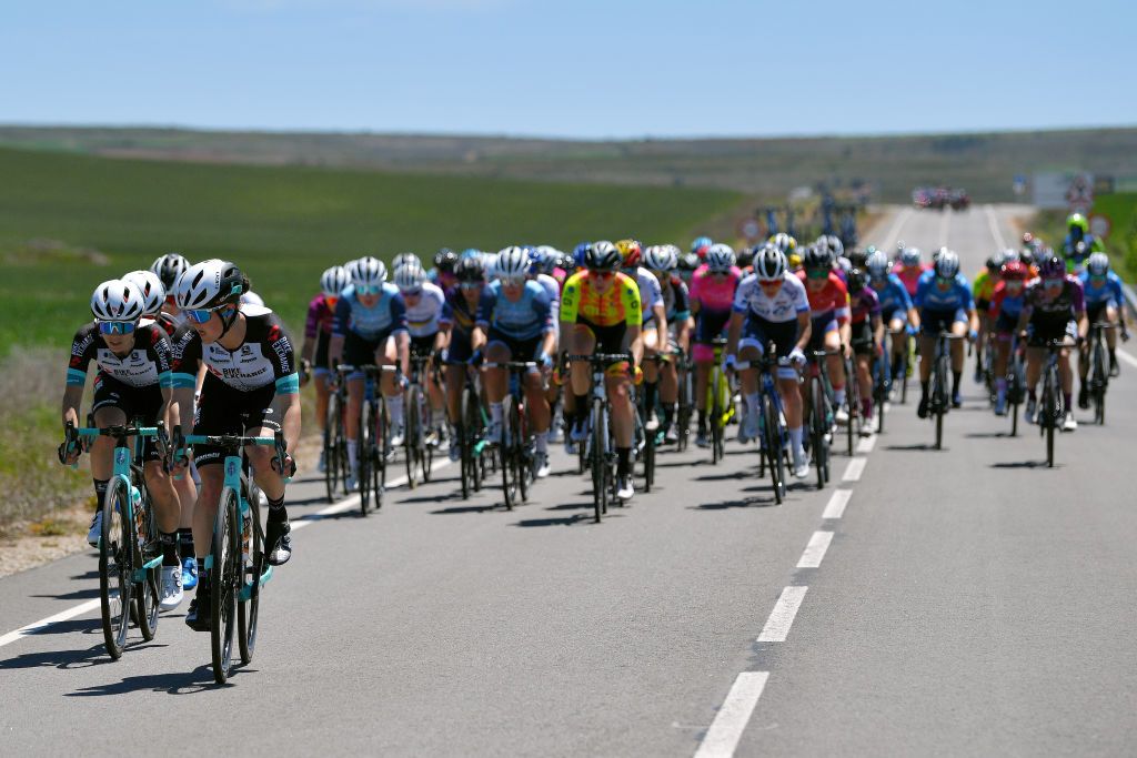 SARGENTES DE LA LORA SPAIN MAY 20 Ane Santesteban Gonzalez of Spain Grace Brown of Australia and Team BikeExchange leads The Peloton during the 6th Vuelta a Burgos Feminas 2021 Stage 1 a 100km stage from Villadiego to Sargentes de la Lora 1013m VueltaBurgos BurgosFem UCIWWT on May 20 2021 in Sargentes de la Lora Spain Photo by Luc ClaessenGetty Images
