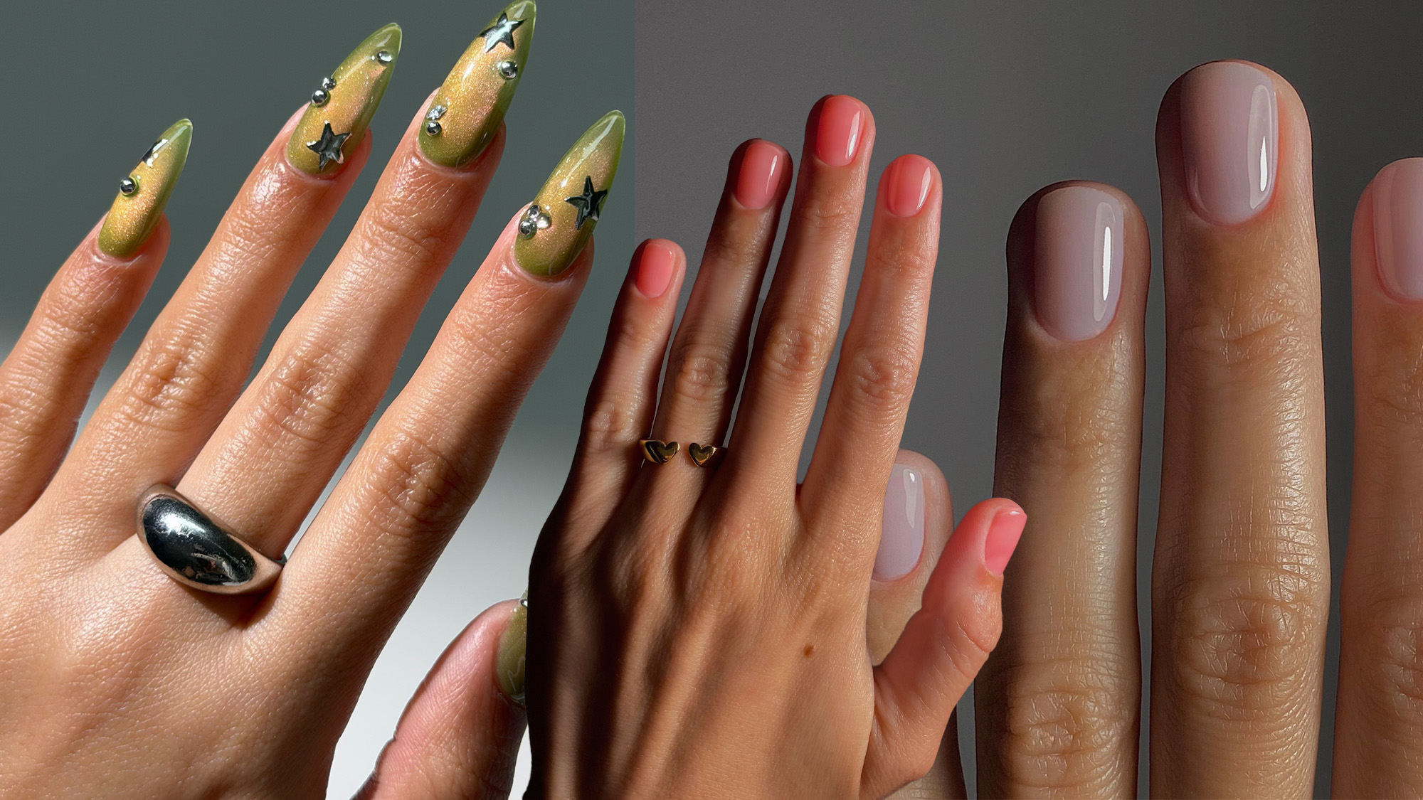 Photo collage of summer nail color trends on a gray background
