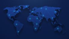 Map of world with a mesh of thin bright blue lines and glowing dots on a dark blue background, to represent geopatriation.