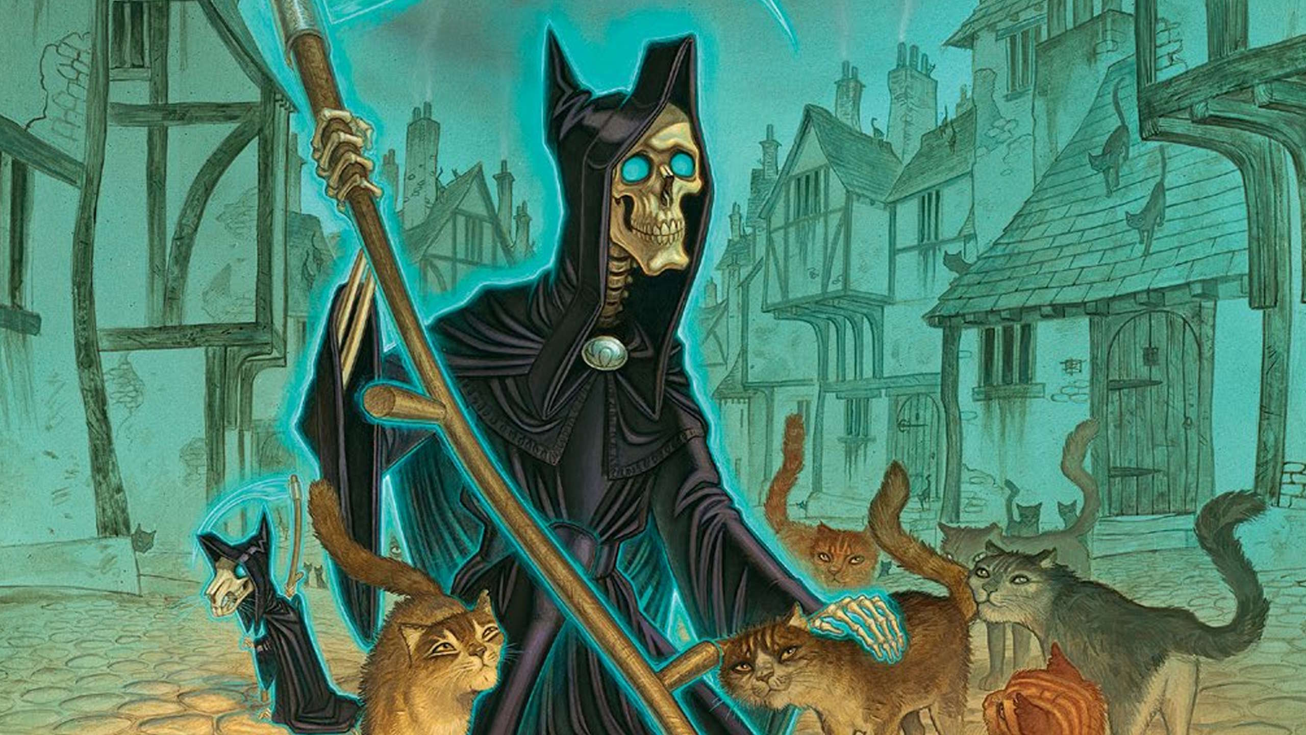 The skeletal Death strokes cats in the streets of Ankh-Morpork