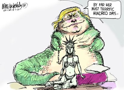 Political Cartoon U.S. President Trump hundred days Star Wars restricts freedom
